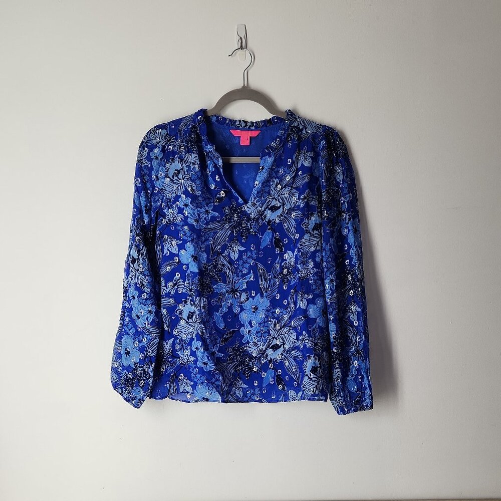 Lilly Pulitzer Giana Long Sleeve Top Alba Blue Metallic Clip Cruisin Together XS